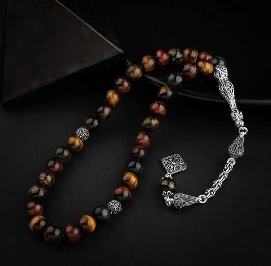 Tiger Eye Natural Stone 8mm Silver Prayer Beads