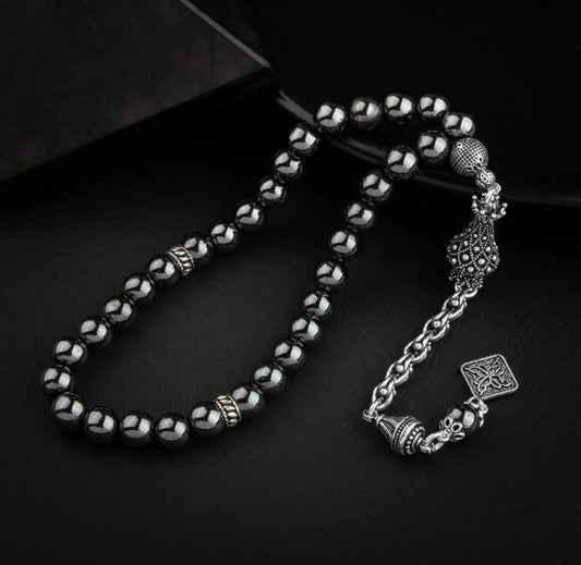 Hematite Natural Stone 8mm Silver Prayer Beads