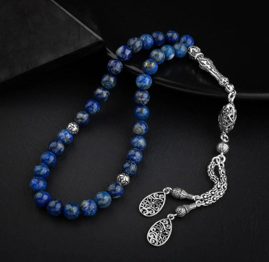 8mm Silver Prayer Beads with Lapis Lazuli Natural Stone