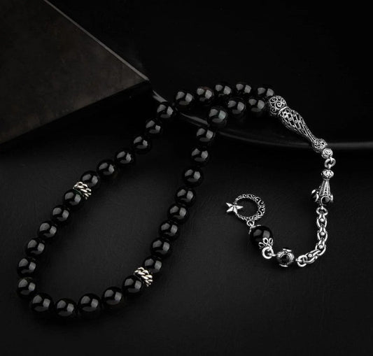 Obsidian Natural Stone 8mm Silver Prayer Beads