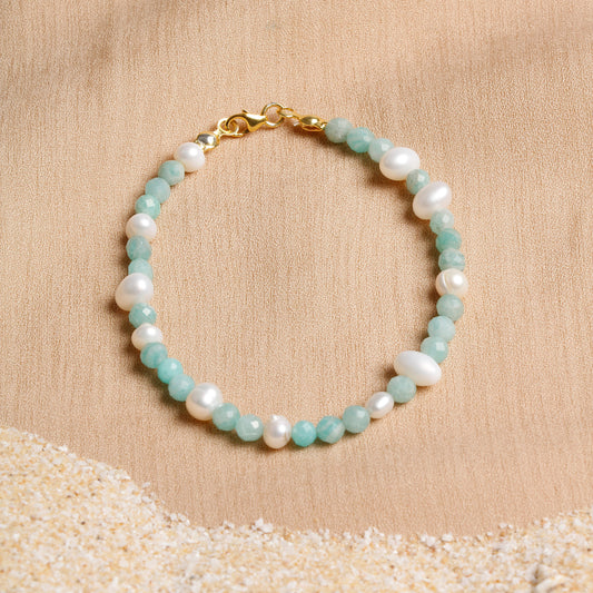 "Ocean Breeze" Amazonite and Pearl Bracelet with Silver Clasp