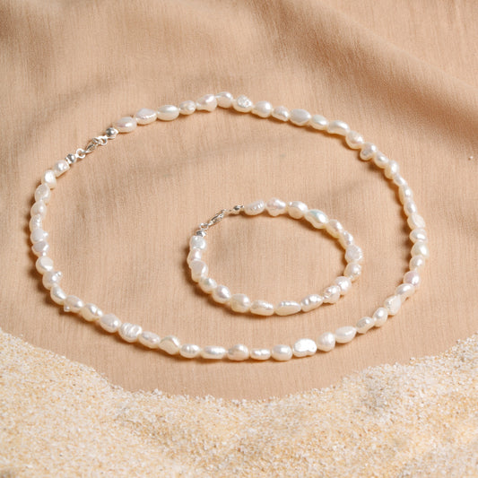 "Pure Grace" Freshwater Pearl Necklace & Bracelet Set with Silver Accents