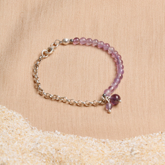 4 mm Amethyst Beaded Bracelet with Silver Chain and Charm