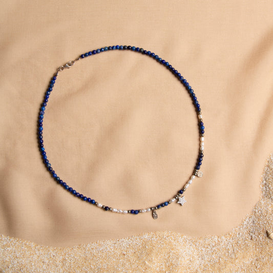3-4mm Lapis Lazuli & Pearl Necklace with Sterling Silver Accents