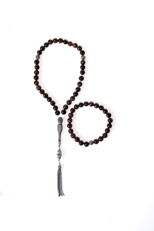 Tiger Eye 925 Sterling Silver 8mm Prayer Beads and Bracelet Set