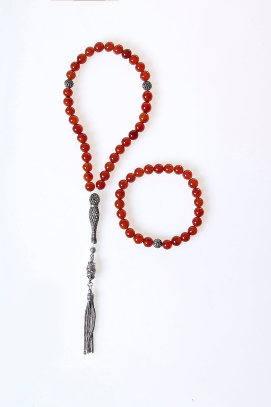 Red Agate 925 Sterling Silver 8mm Prayer Beads and Bracelet Set