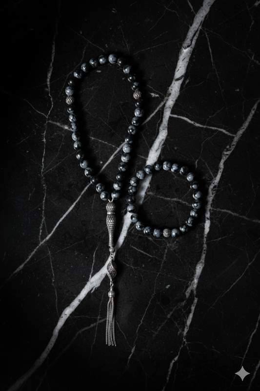 Snowy Obsidian 925 Sterling Silver 8mm Prayer Beads and Bracelet Set