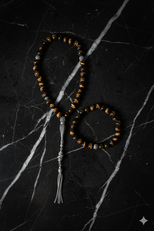 Tiger Eye 925 Sterling Silver 8mm Prayer Beads & Bracelet Set