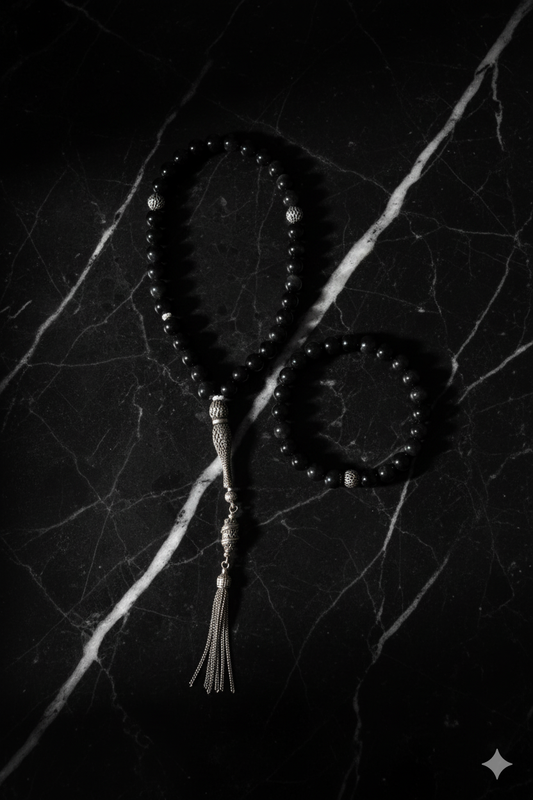 Obsidian 925 Sterling Silver 8mm Prayer Beads and Bracelet Set