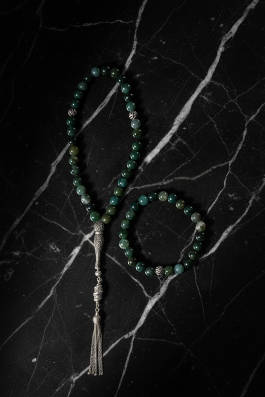 Agate 925 Sterling Silver 8mm Prayer Beads and Bracelet Set