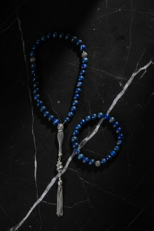 Lapis Lazuli 925 Sterling Silver 8mm Prayer Beads and Bracelet Set