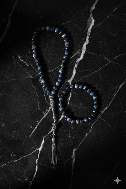Sodalite 925 Sterling Silver 8 mm Prayer Beads & Bracelet Set
