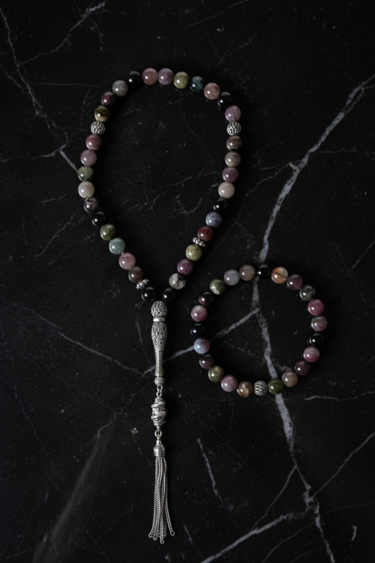 Tourmaline 925 Sterling Silver 8mm Prayer Beads and Bracelet Set