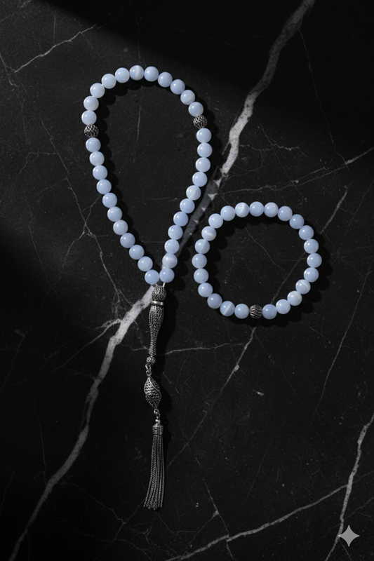 Chalcedony 925 Sterling Silver 8 mm Prayer Beads and Bracelet Set