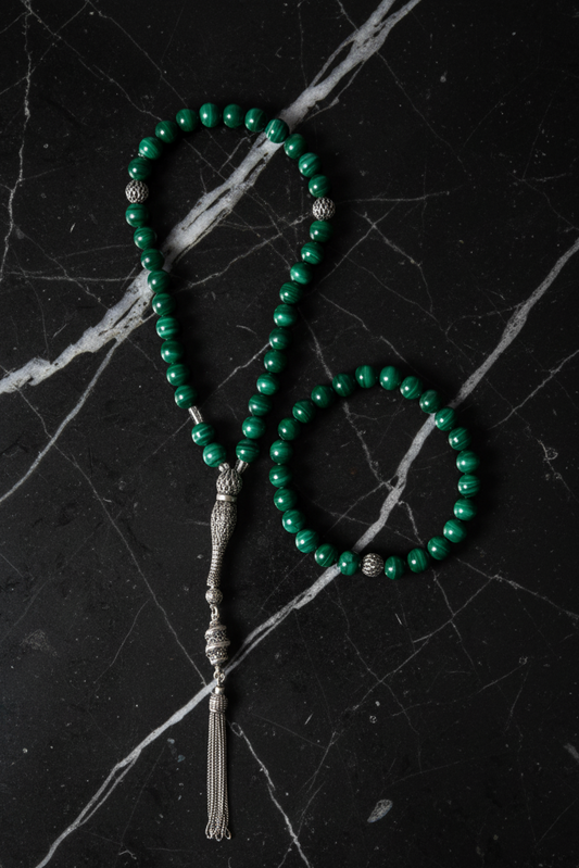 Malachite 925 Sterling Silver 8mm Prayer Beads and Bracelet Set