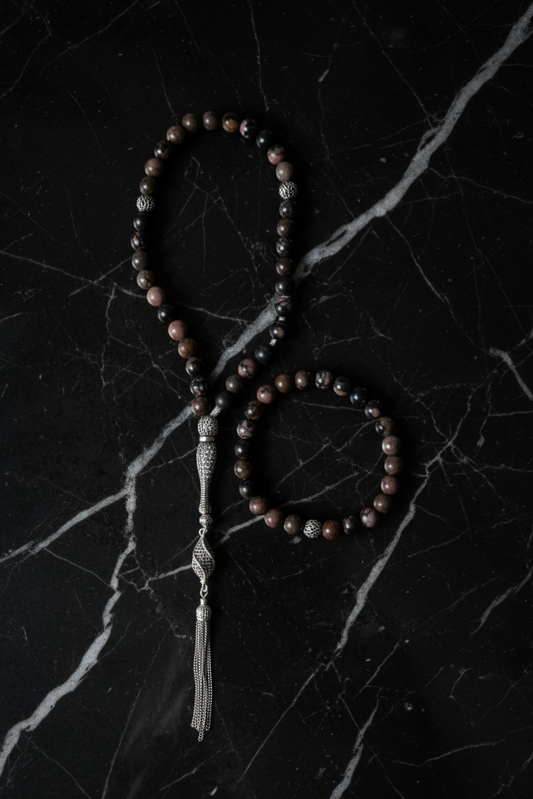 Rhodonite 925 Sterling Silver 8 mm Prayer Beads and Bracelet Set