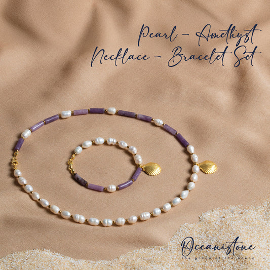 Amethyst and Pearl Necklace & Bracelet Set with Silver Clasp and Gold-Tone Oyster Pendant