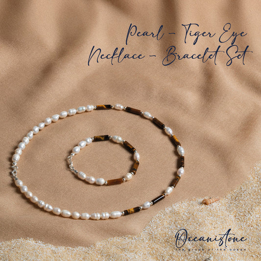 Tiger Eye and Pearl Necklace & Bracelet Set with Silver Clasp – Gemora London