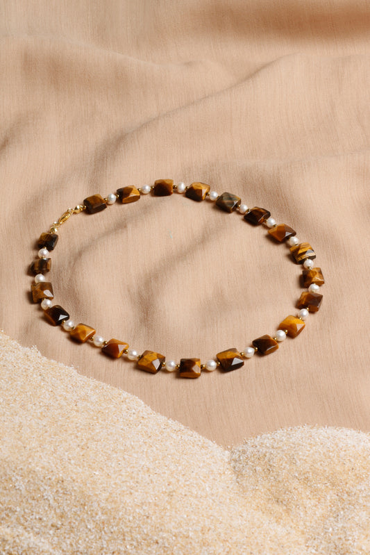 Elegant Tiger’s Eye and Pearl Necklace with Hematite Accents