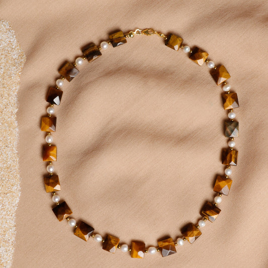 Elegant Tiger’s Eye and Pearl Necklace with Hematite Accents