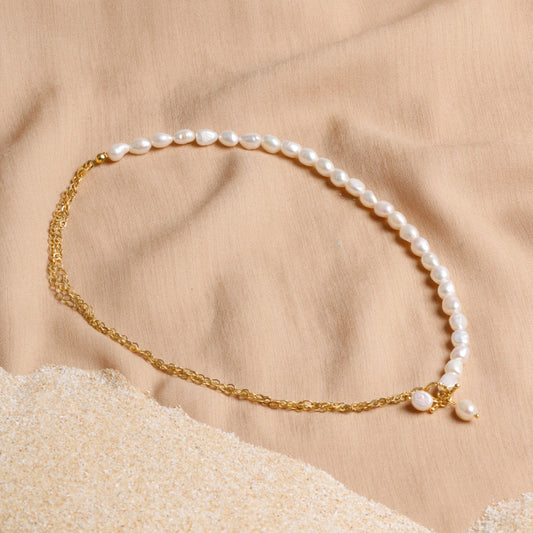 Freshwater Pearl Necklace with Gold-Toned Chain and Silver Accessories