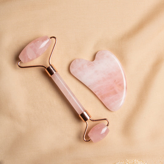 Rose Quartz Roller & Heart Gua Sha Massage Set
