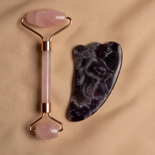 Rose Quartz Roller & Amethyst Goose Foot Gua Sha Massage Set