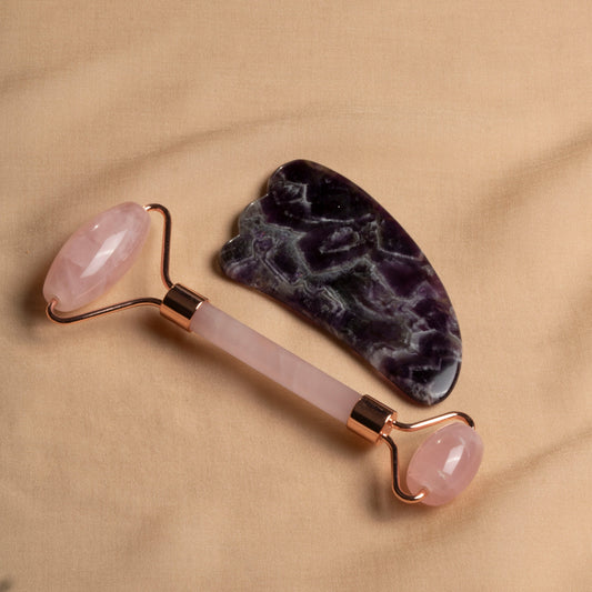 Rose Quartz Roller & Amethyst Goose Foot Gua Sha Massage Set