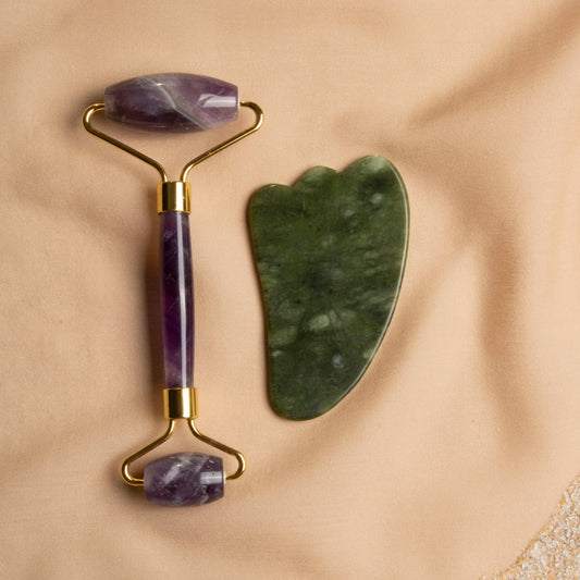 Amethyst Roller & Jade Goose Foot Gua Sha Massage Set