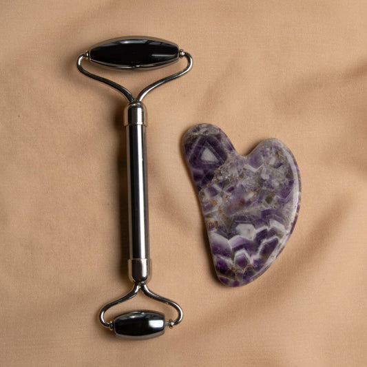 Obsidian Roller & Amethyst Heart-Shaped Gua Sha Massage Set