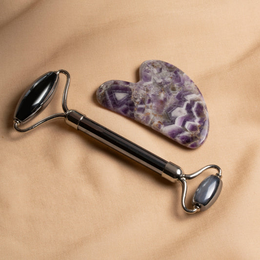 Obsidian Roller & Amethyst Heart-Shaped Gua Sha Massage Set