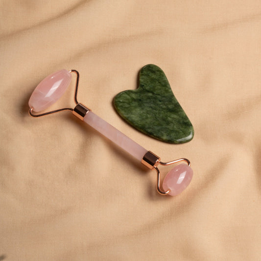 Rose Quartz Roller & Jade Heart-Shaped Gua Sha Massage Set