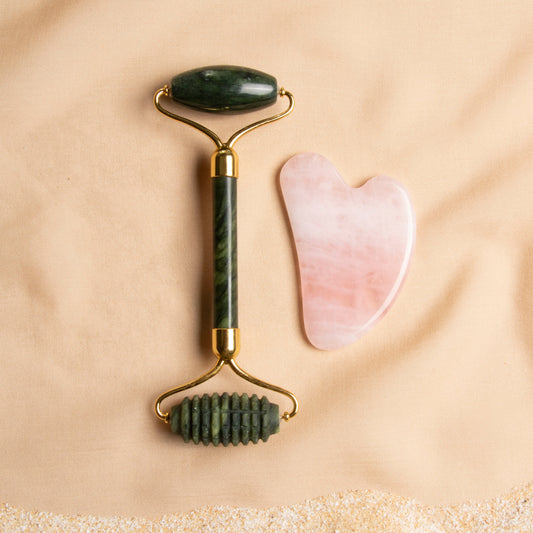 Jade Ridged Roller & Rose Quartz Gua Sha Massage Set