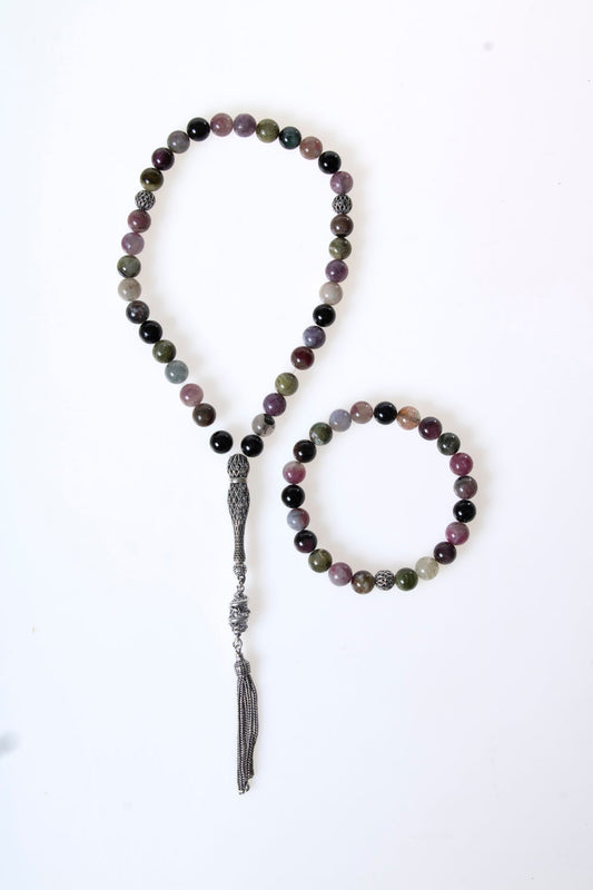 Tourmaline 925 Sterling Silver 8mm Prayer Beads and Bracelet Set