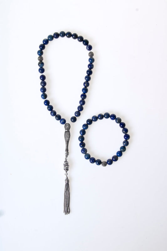 Lapis Lazuli 925 Sterling Silver 8mm Prayer Beads and Bracelet Set