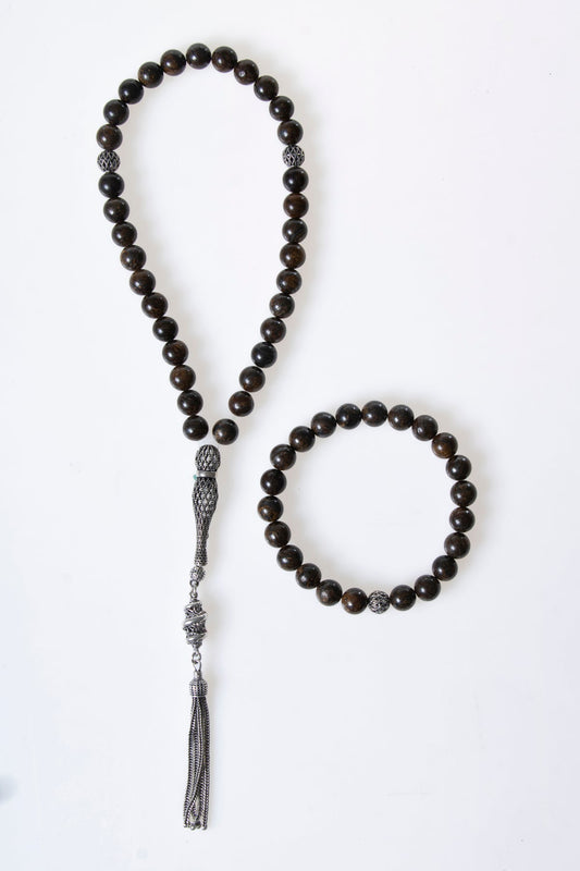 Bronzit 925 Sterling Silver 8 mm Prayer Beads and Bracelet Set