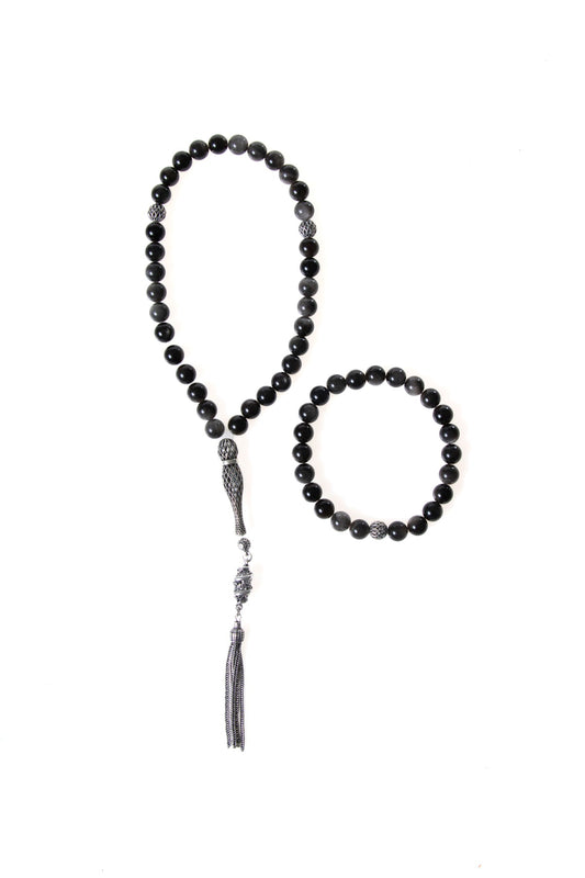 Obsidian 925 Sterling Silver 8mm Prayer Beads and Bracelet Set