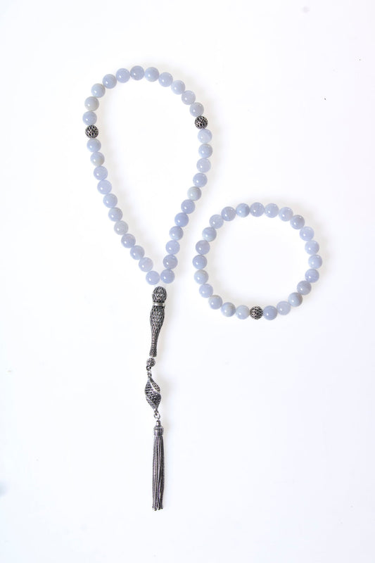 Chalcedony 925 Sterling Silver 8 mm Prayer Beads and Bracelet Set