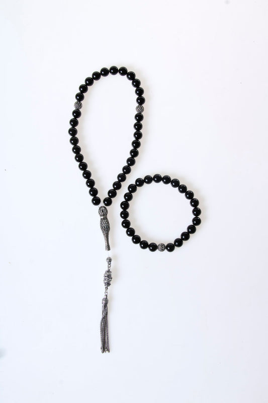 Tourmaline 925 Sterling Silver 8mm Prayer Beads and Bracelet Set