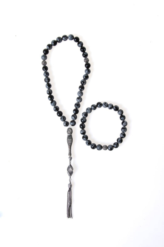Snowy Obsidian 925 Sterling Silver 8mm Prayer Beads and Bracelet Set
