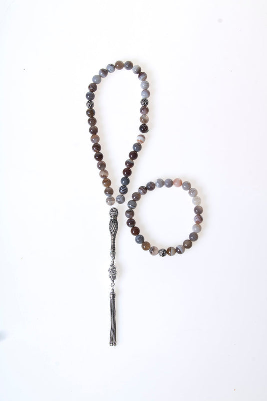 Botswana Agate 925 Sterling Silver 8mm Prayer Beads and Bracelet Set