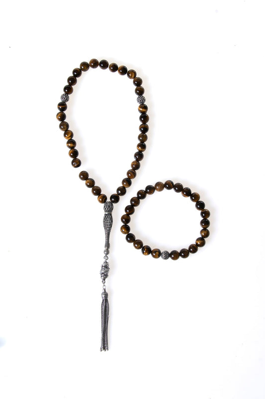 Tiger Eye 925 Sterling Silver 8mm Prayer Beads & Bracelet Set