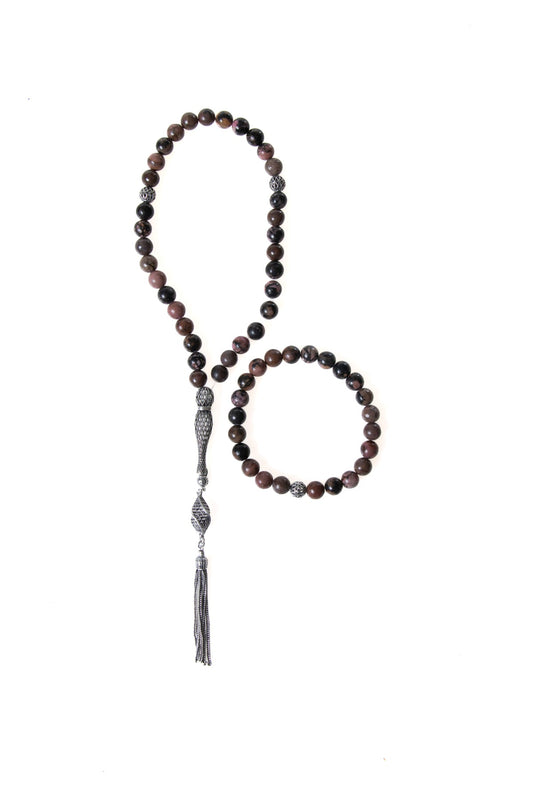 Rhodonite 925 Sterling Silver 8 mm Prayer Beads and Bracelet Set