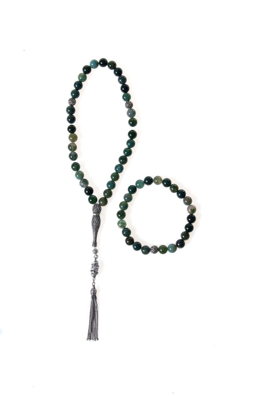Agate 925 Sterling Silver 8mm Prayer Beads and Bracelet Set