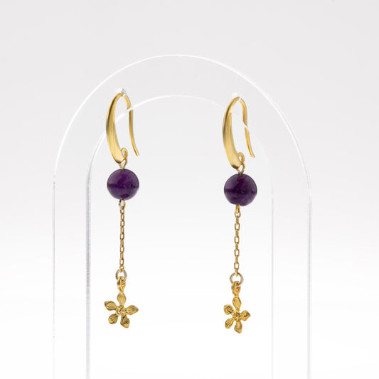 Ametist Doğal Taş Gümüş Çiçekli Küpe