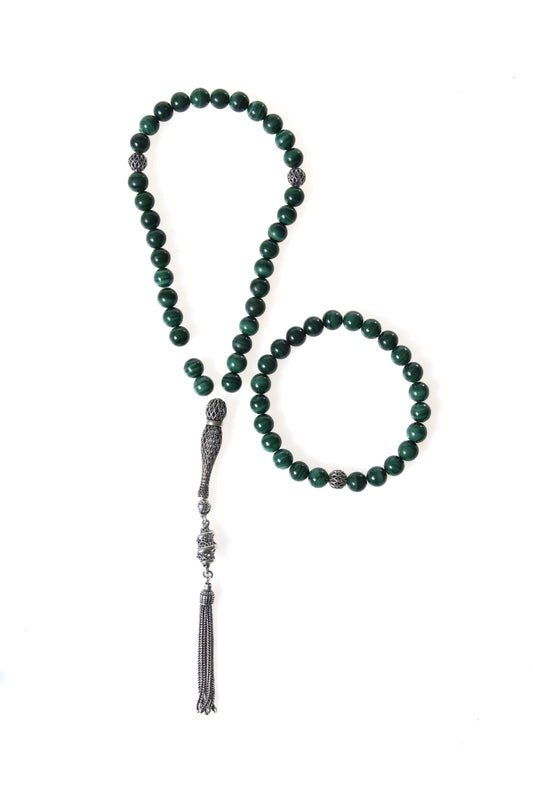 Malachite 925 Sterling Silver 8mm Prayer Beads and Bracelet Set