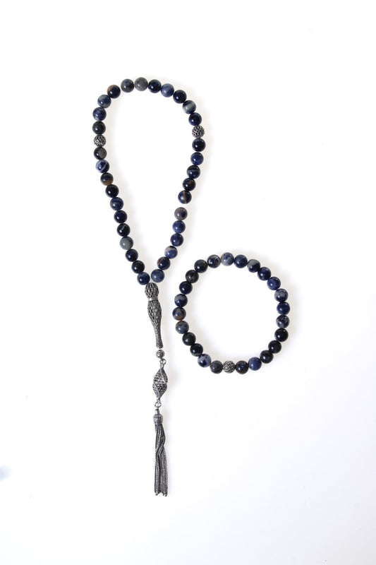 Sodalite 925 Sterling Silver 8 mm Prayer Beads & Bracelet Set