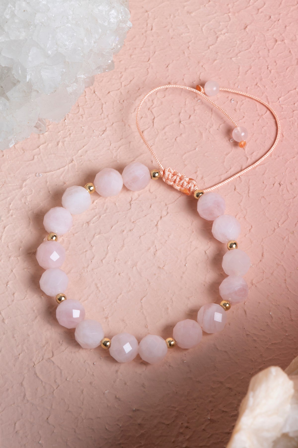 Sertifikalı Pembe Kuvars, Hematit Fasetli Doğal Taş Makrome Bileklik 